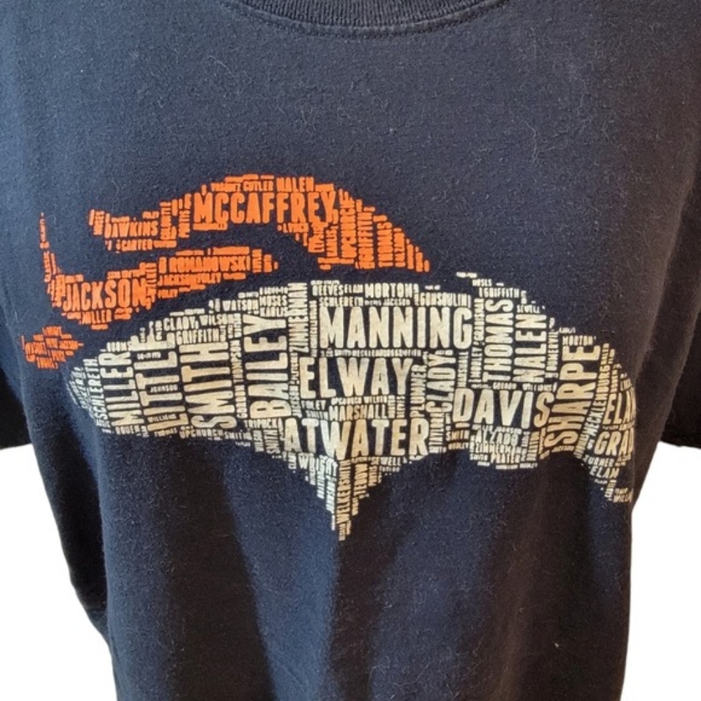 Navy Denver Bronco Quarterbacks Graphic T-Shirt with Orange and White Design. L